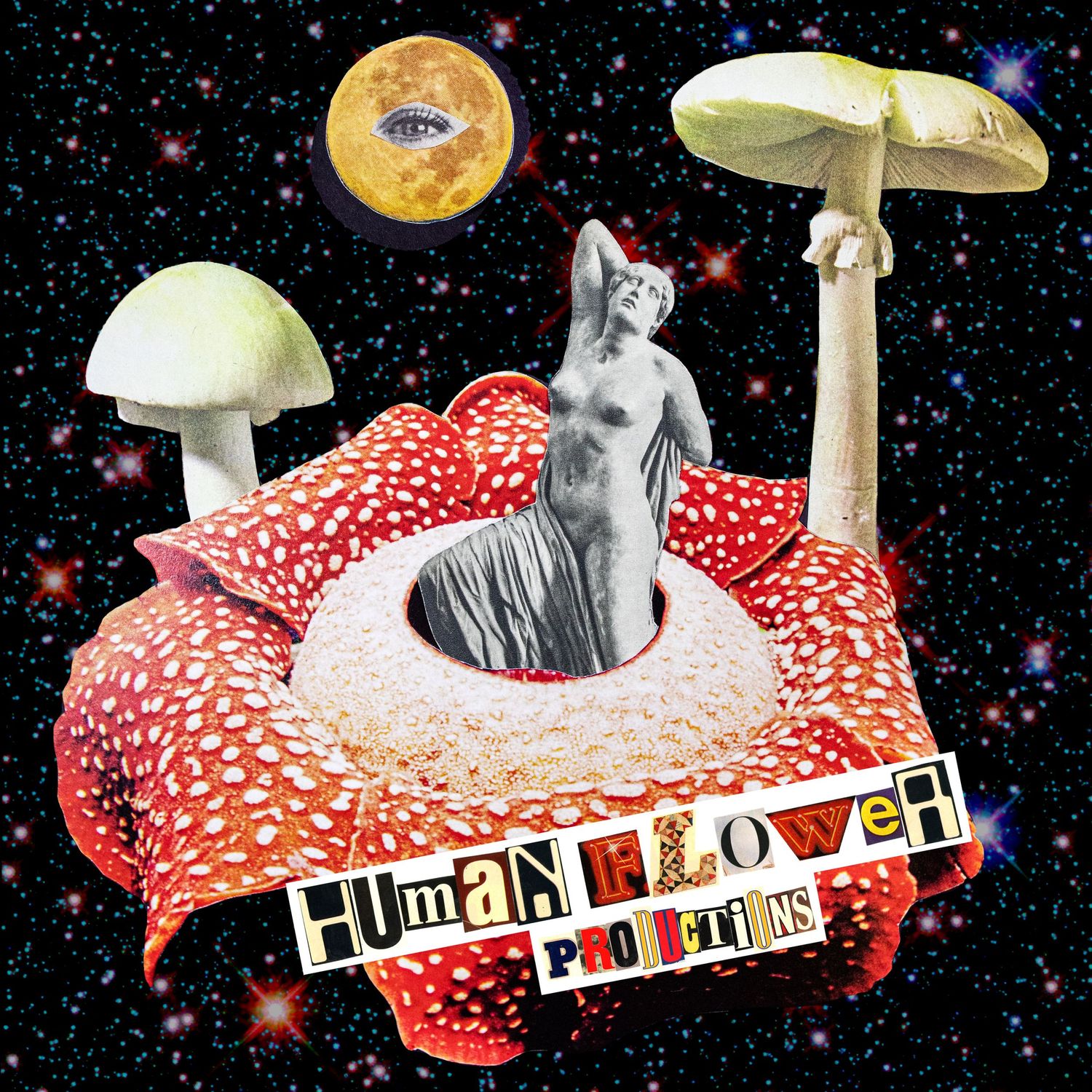 human flower productions logo of an ancient statue growing from stinking corpse lily along with white mushrooms floating amongst the galaxy