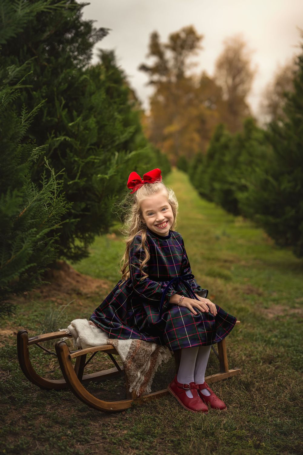 A festive holiday scene with a girl on a wooden sled wearing a plaid dress among Christmas trees.