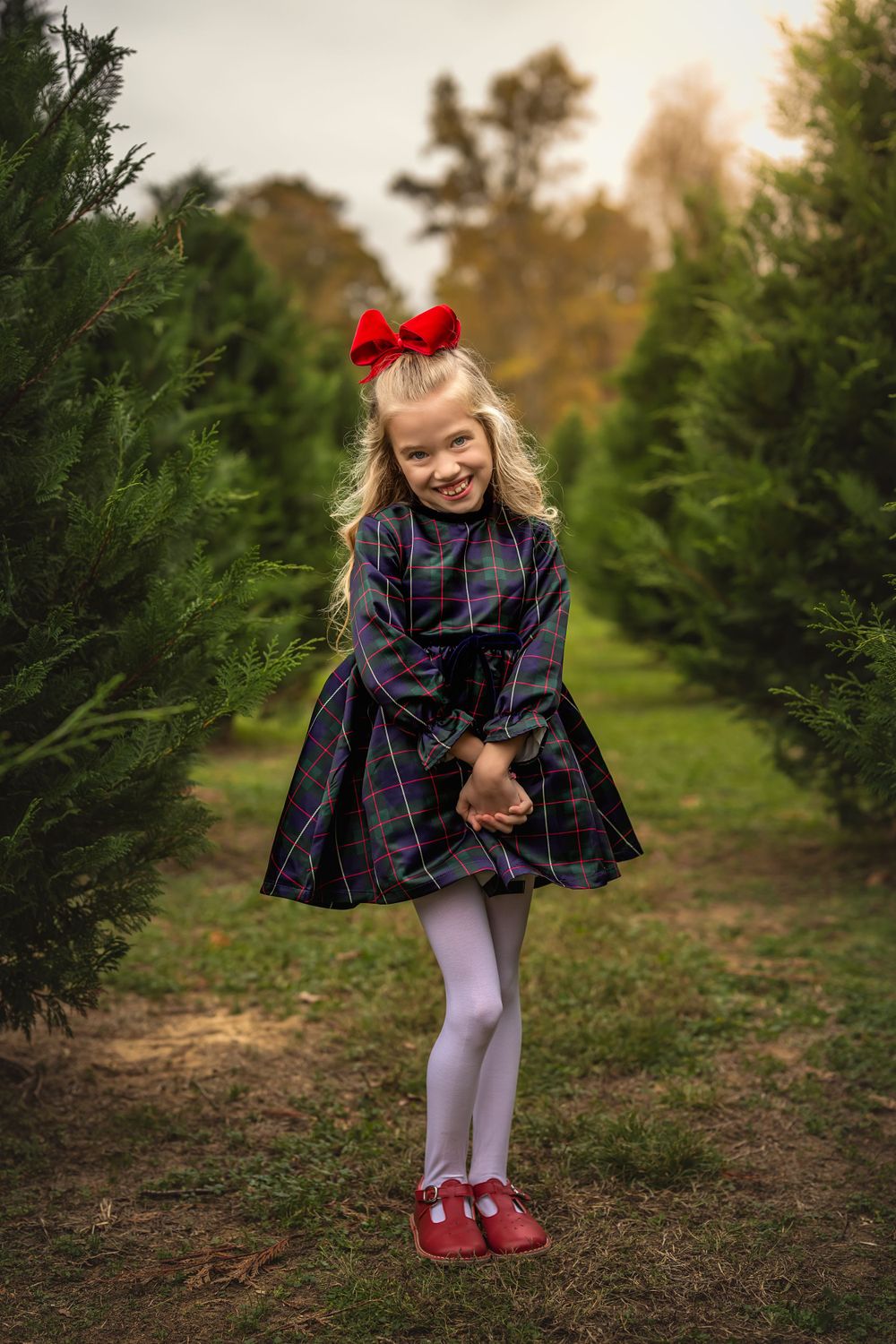 A sweet girl in a plaid dress and red bow creates a festive holiday portrait among evergreen trees.