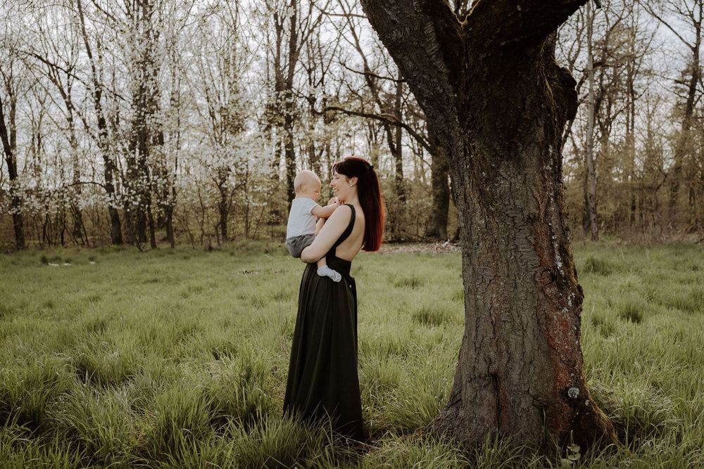 Silhouette of parent holding baby against dramatic tree backdrop in misty field.