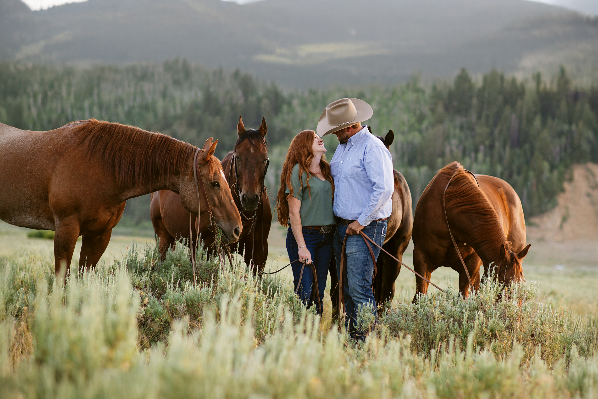 Couple interacting with brown horses grazing in a mountain meadow at sunset.