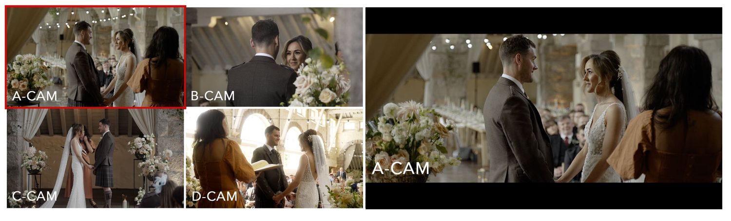 Wedding reception montage showing celebration moments in elegant venue setting.