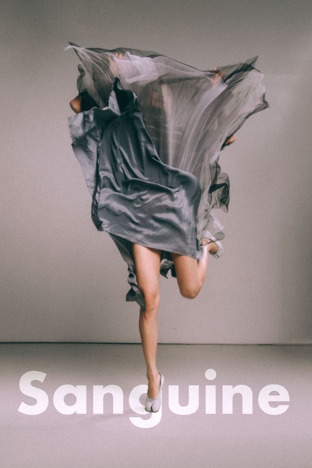 Dynamic dance movement with flowing gray fabric and 'Sanguine' text overlay.