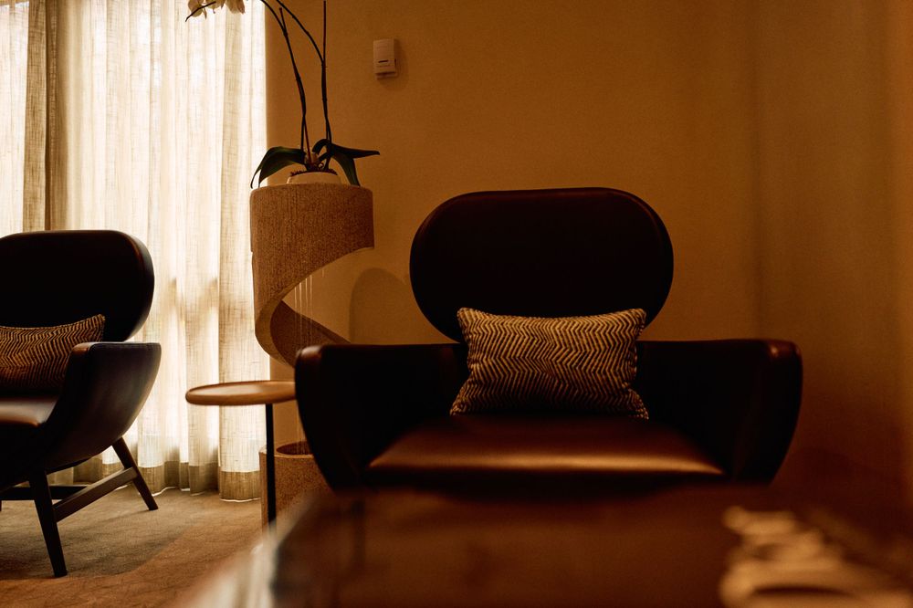 Modern living room interior with black curved chairs and soft natural lighting through sheer curtains.