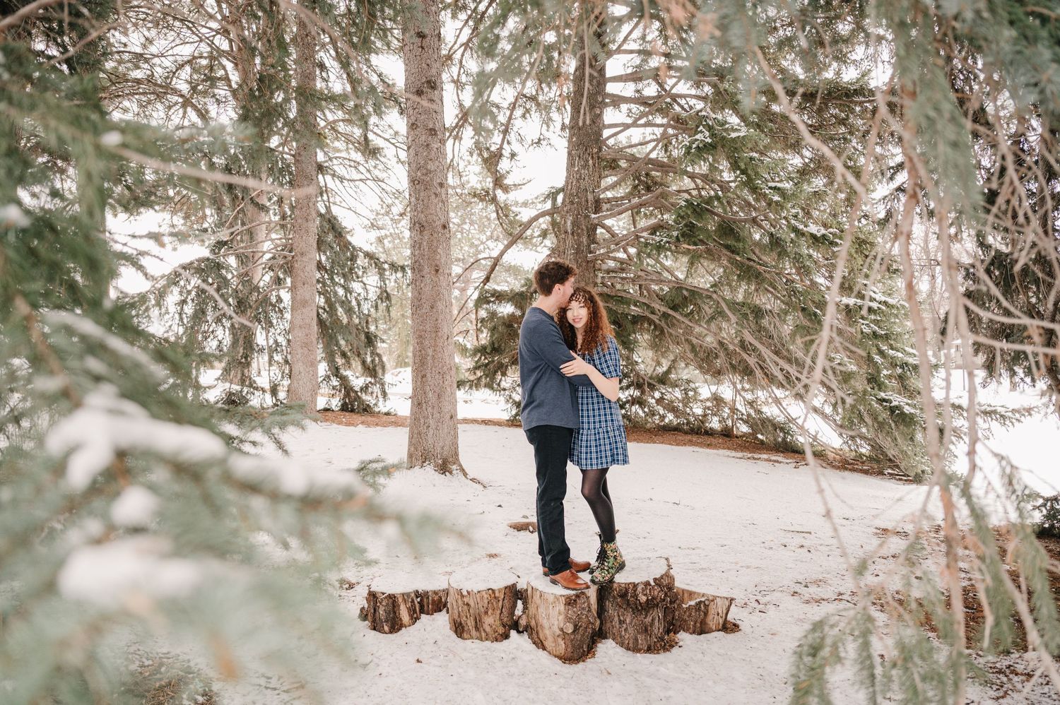 A couple embraces on a snowy tree stump path surrounded by evergreen trees in a winter forest setting.