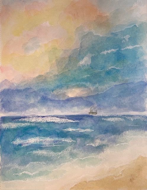 Watercolor seascape with stormy clouds and a distant ship on turbulent blue waters at sunset.