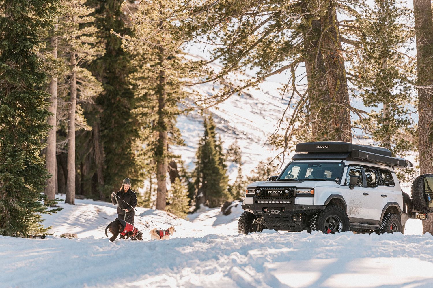 A black pickup truck drives through a snowy mountain forest landscape with sunlight streaming through the trees.