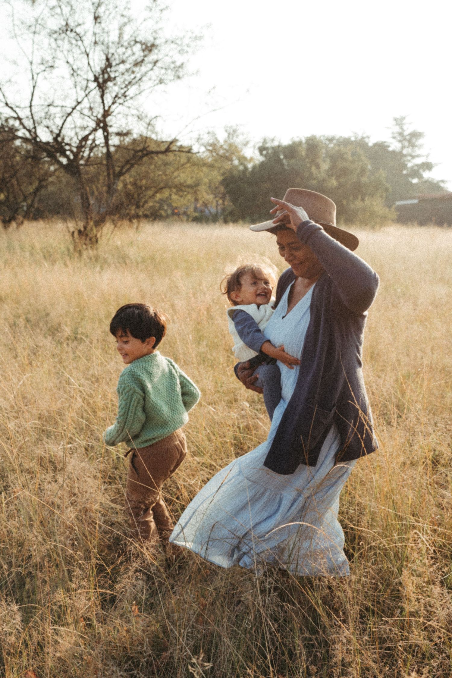 Playful interactions captured in a sun-drenched field of tall grass.