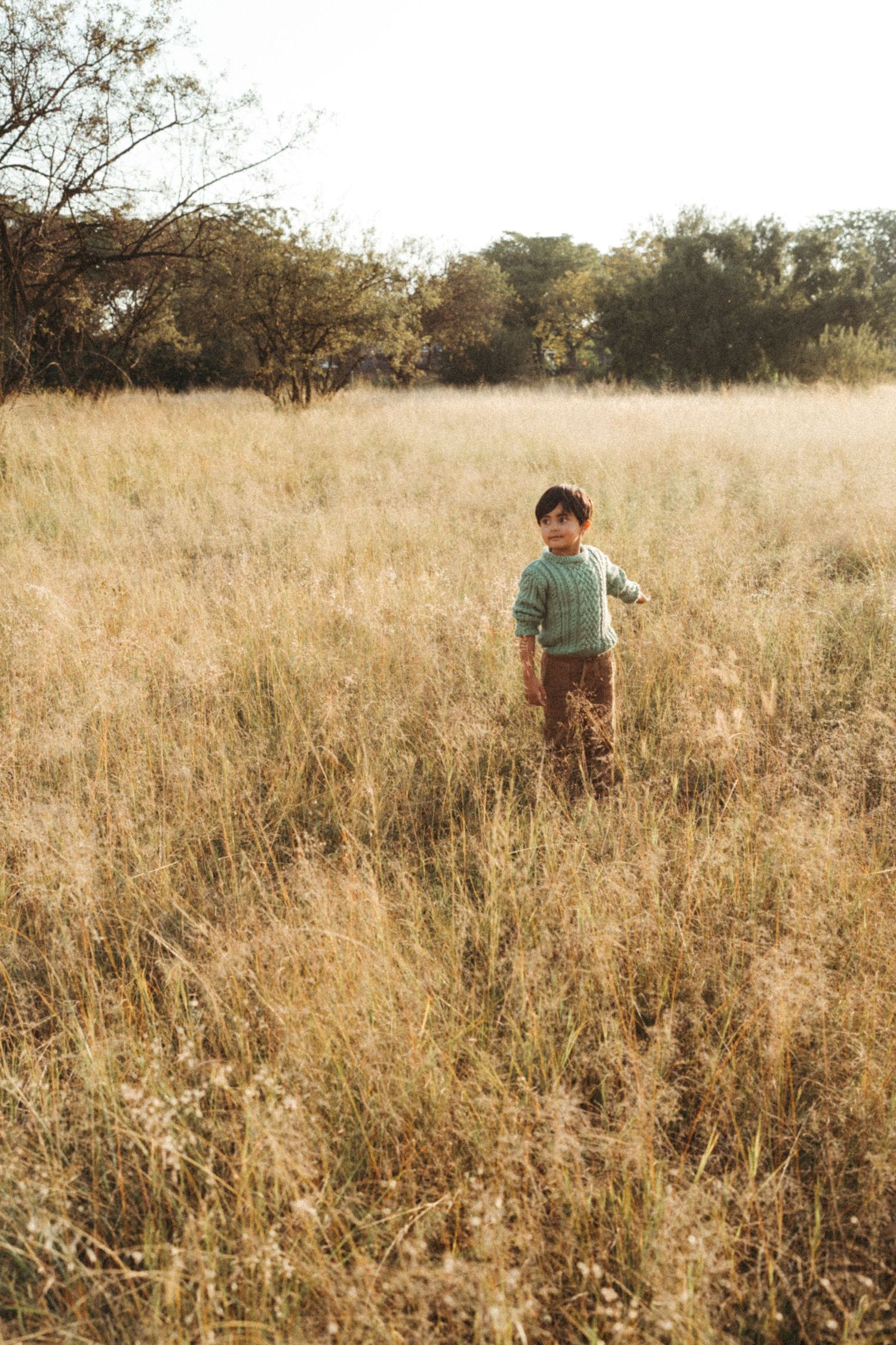 Two children explore a golden field of tall grass during sunset.
