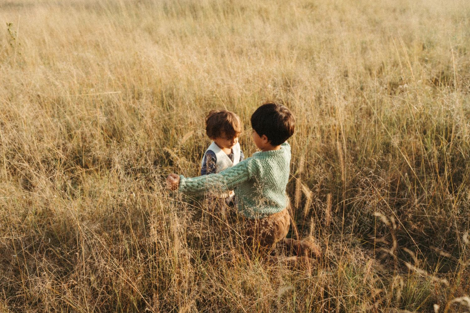 Children play in a sunlit meadow with dried grass.