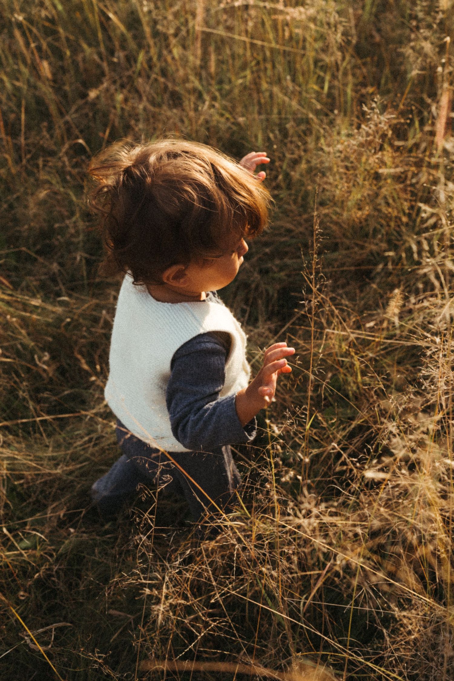 Small child in white vest explores tall golden grass during sunset.