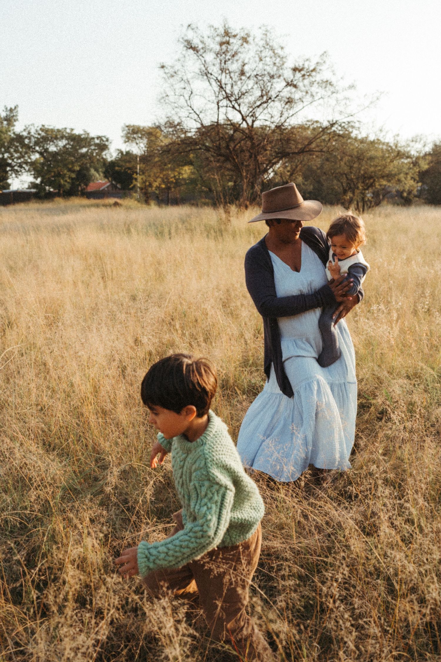 Candid moments of interaction and play in a sun-drenched field of dry grass.