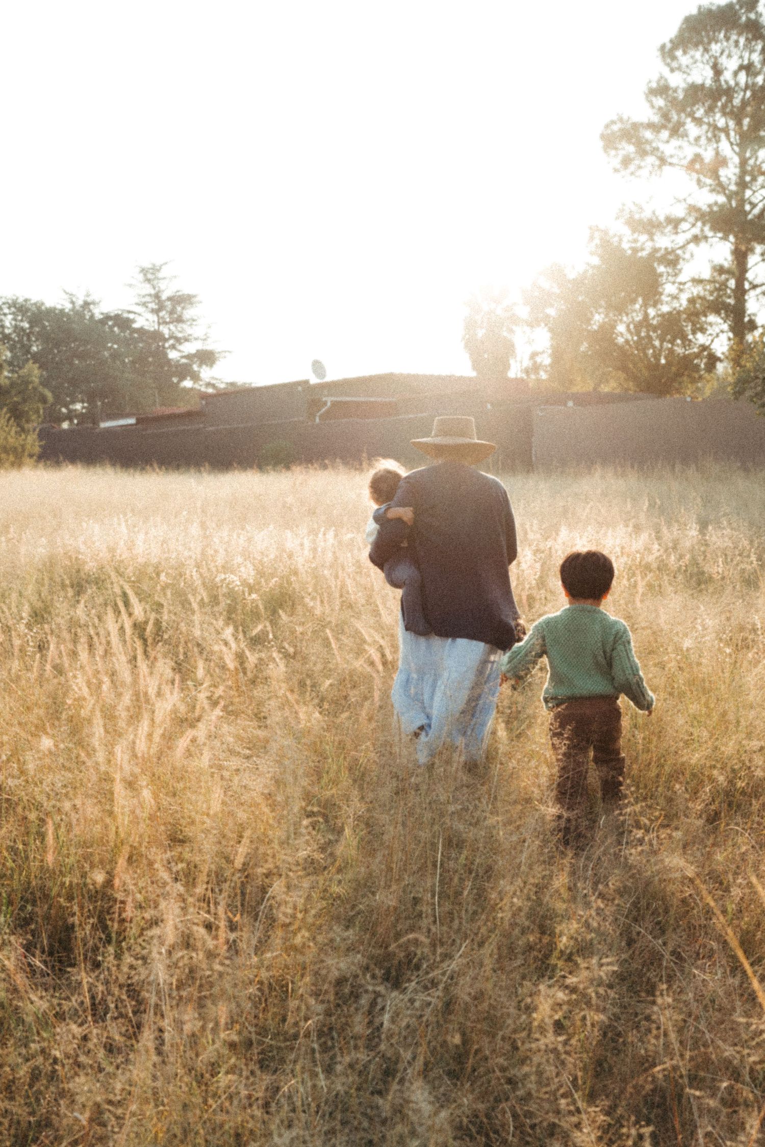 Silhouettes walking through a sun-drenched field at golden hour.