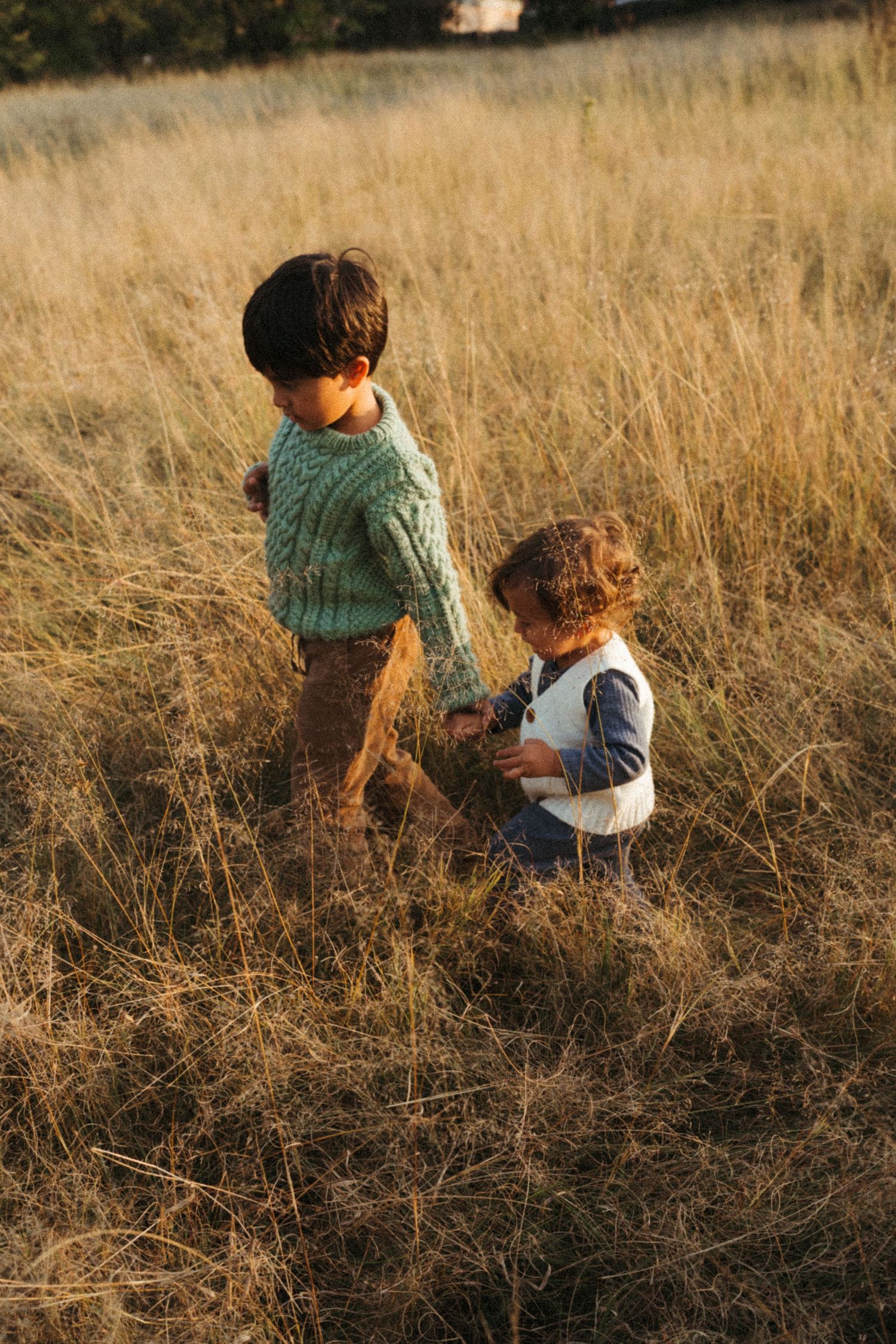 Children playing together in tall grass during golden hour.