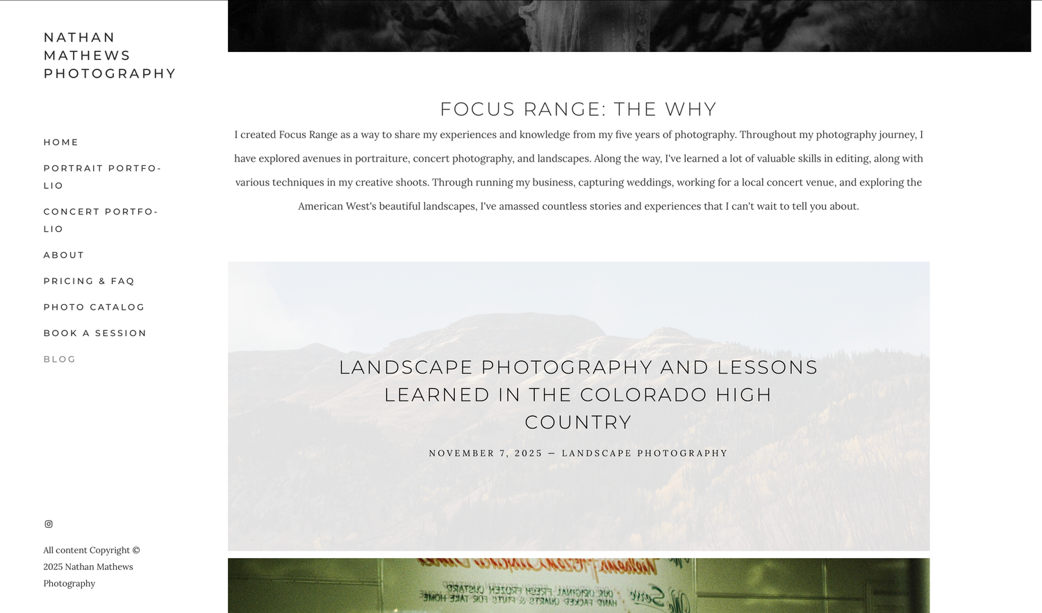 A series of minimalist blog headers featuring landscape photography and nature themes in muted tones.