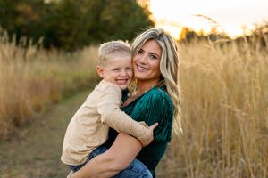 A series of candid moments captured in a golden wheat field at sunset.