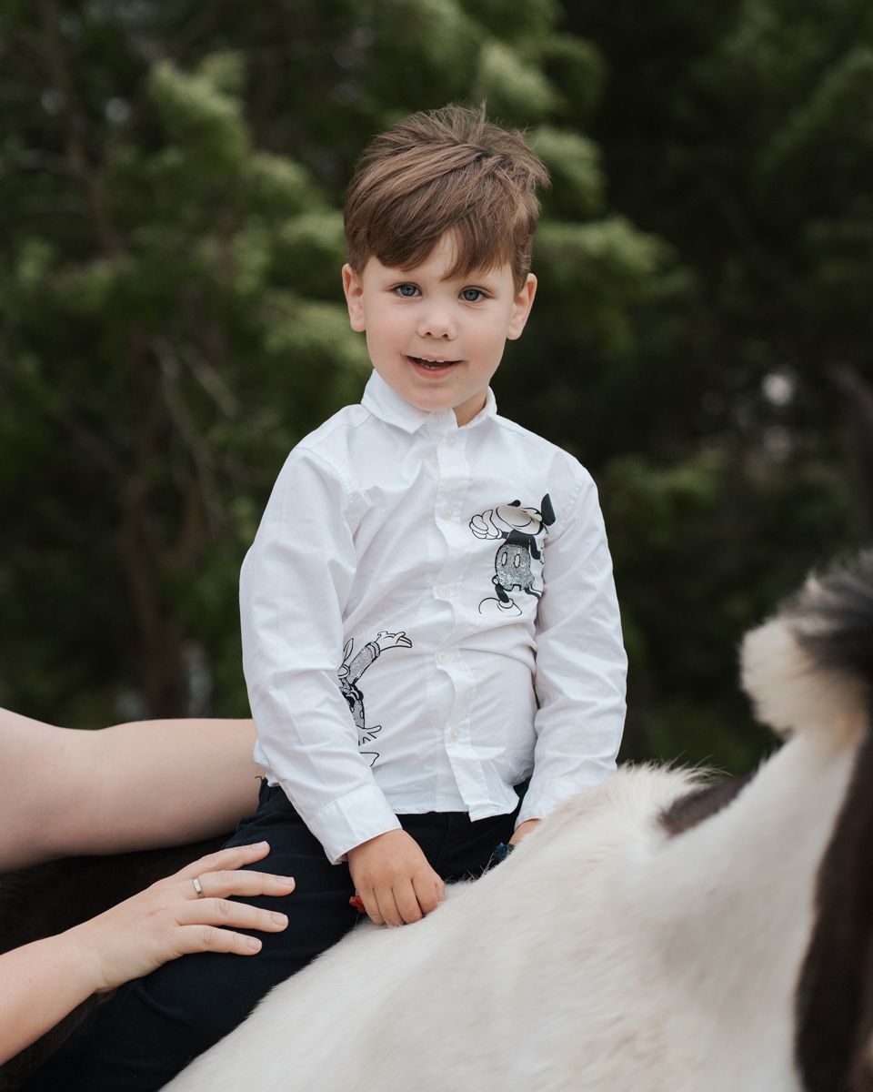 A young child in a white shirt sits on a horse while someone's hands support them from the side during a family photoshoot in Sydney