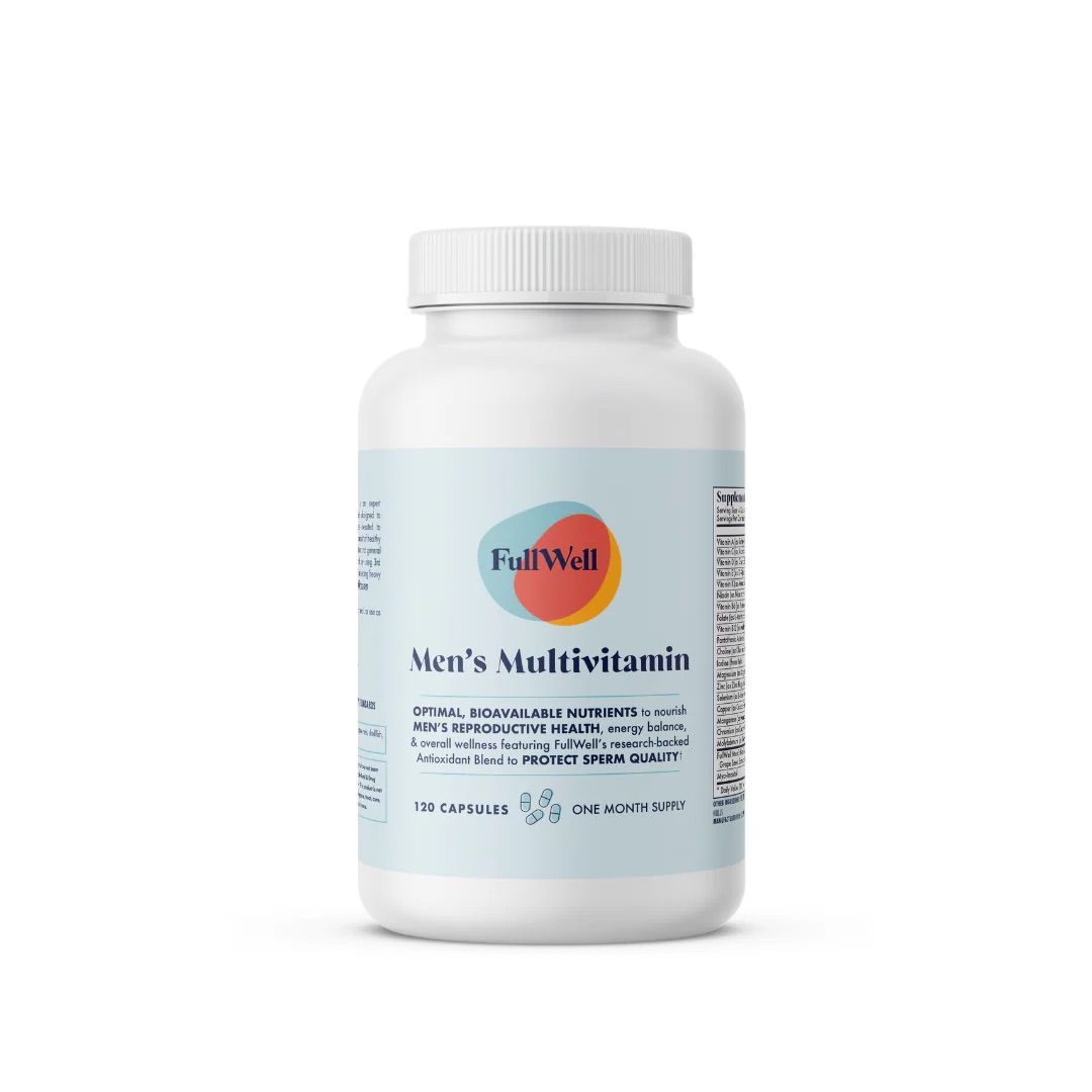 White supplement bottle with blue and white label showing men's multivitamin product against clean white background.