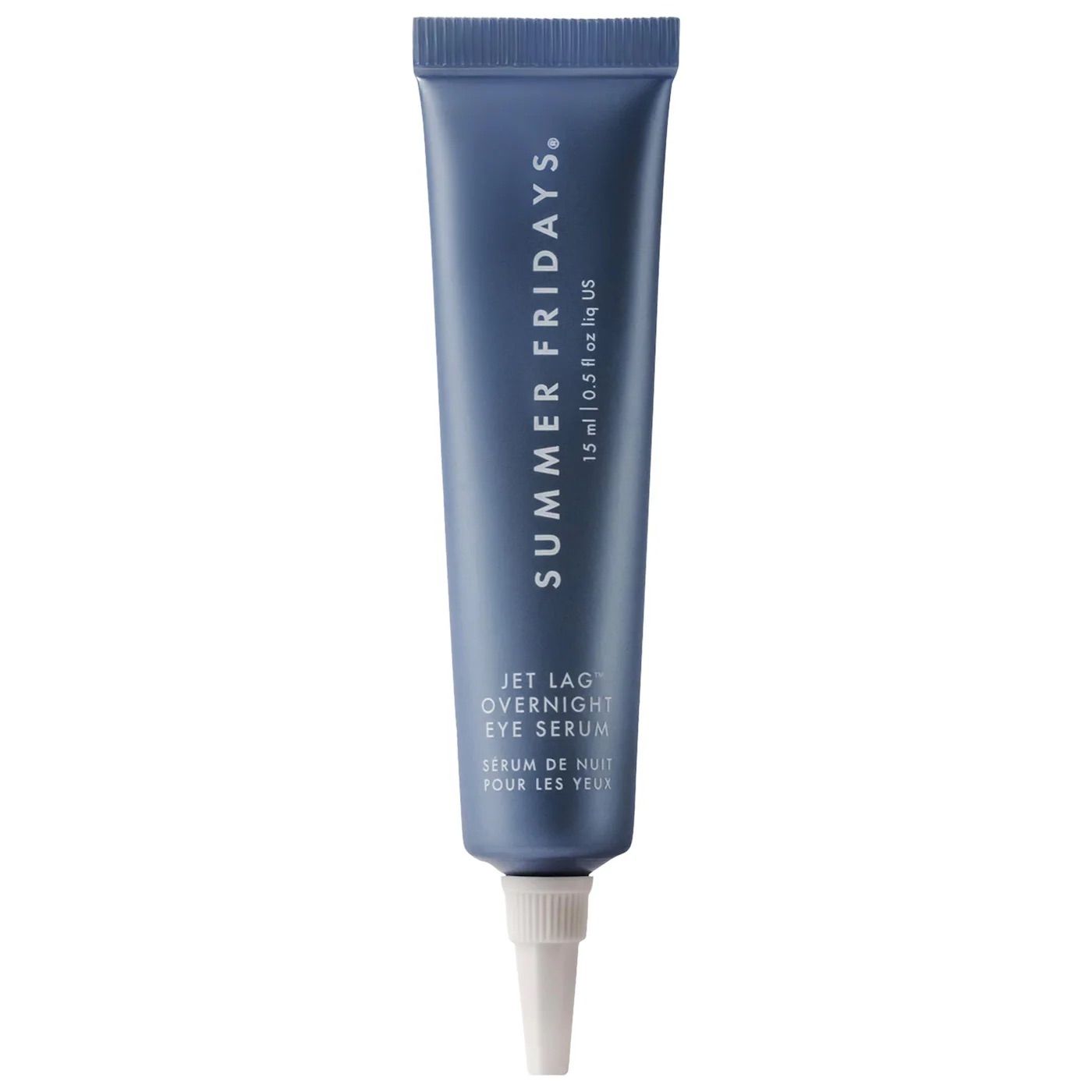 Three blue skincare serum tubes with white dispensing tips arranged in a row against a white background.