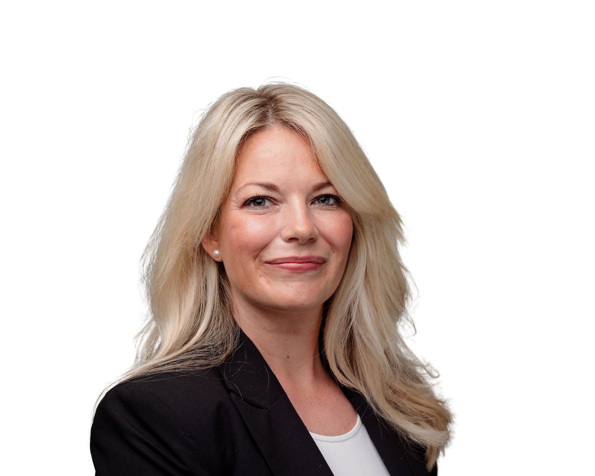 Professional headshot of person in black blazer against white background.