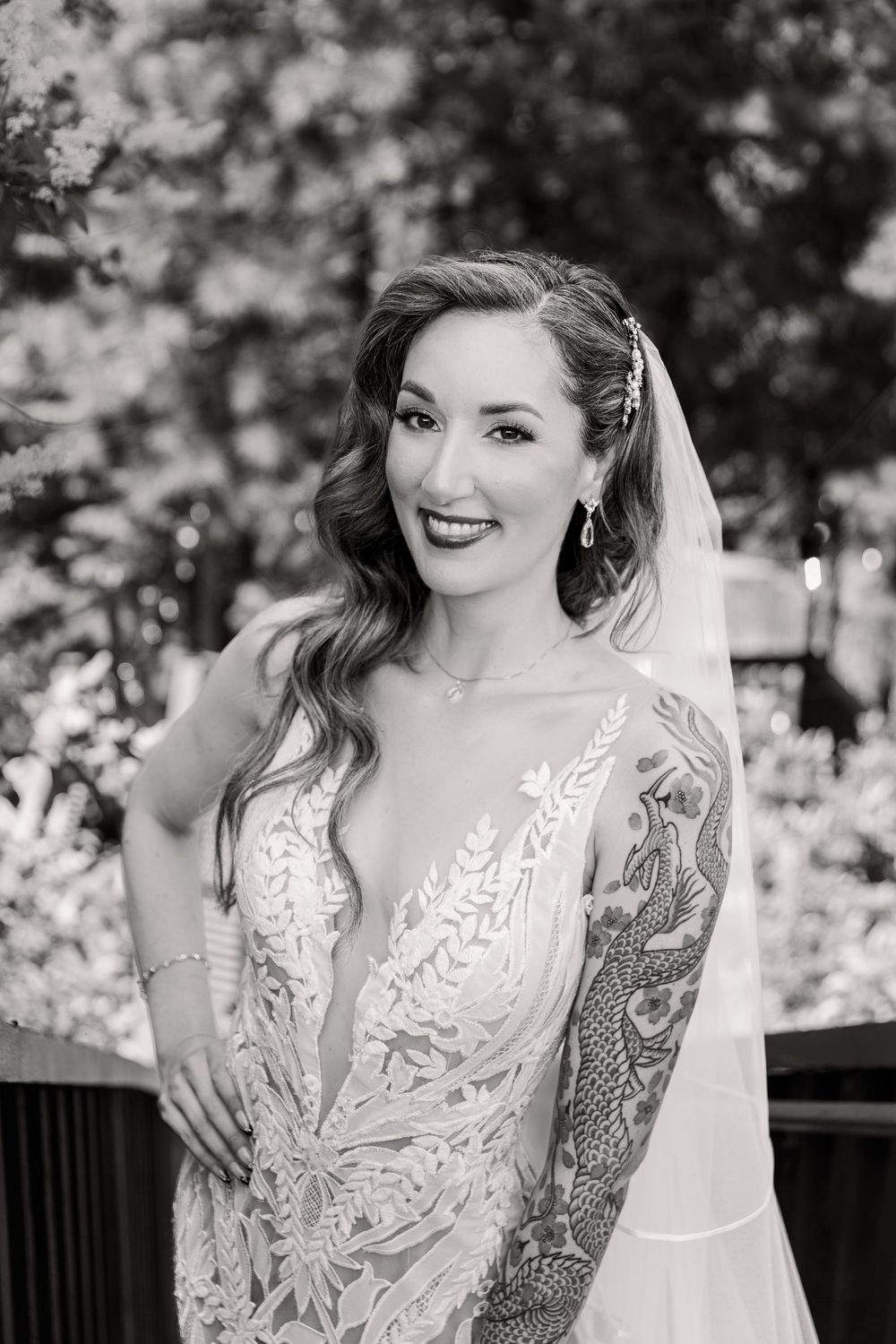 Black and white bridal portraits showing intricate lace details and romantic styling.
