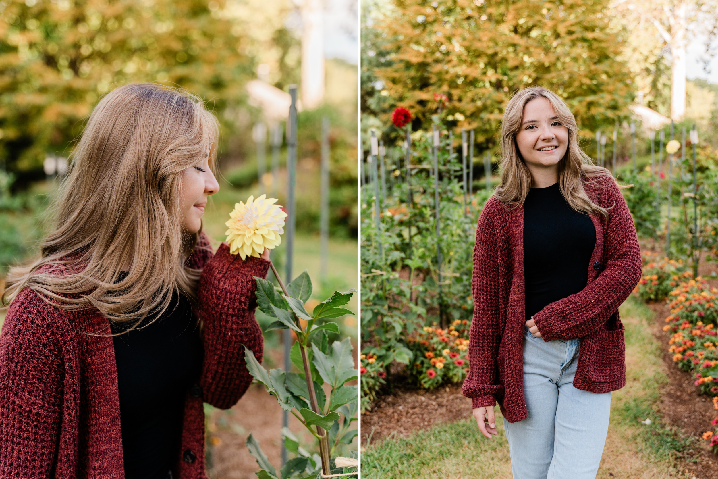 Woman in burgundy cardigan and light blue dress poses in autumn garden setting with yellow flowers and greenery.