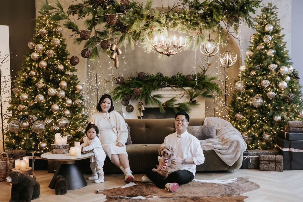 A couple sits together in a cozy living room decorated with Christmas trees and twinkling lights.