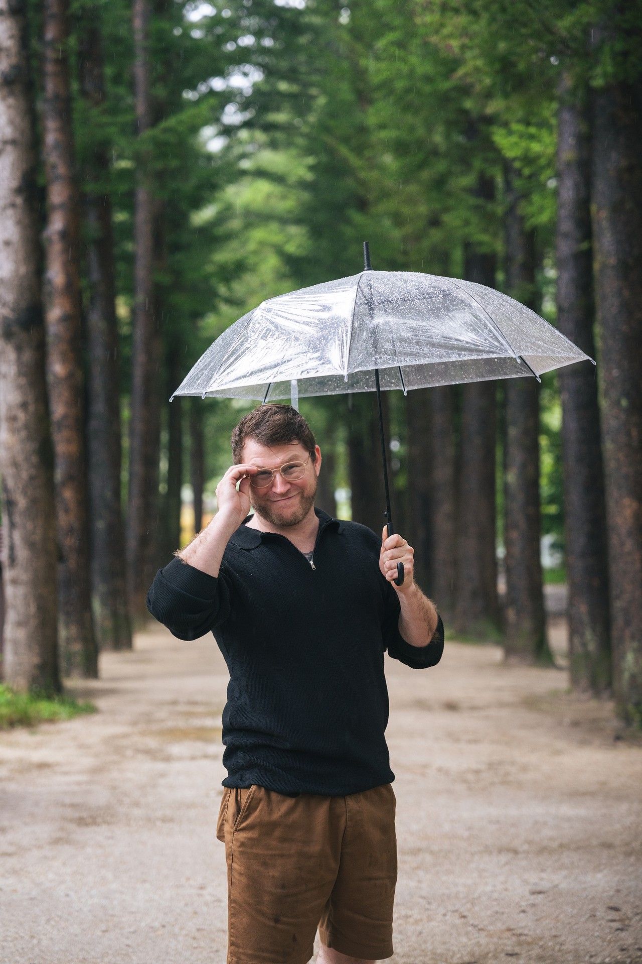 Three photos show someone holding a clear umbrella while walking along a tree-lined path in a forest setting.