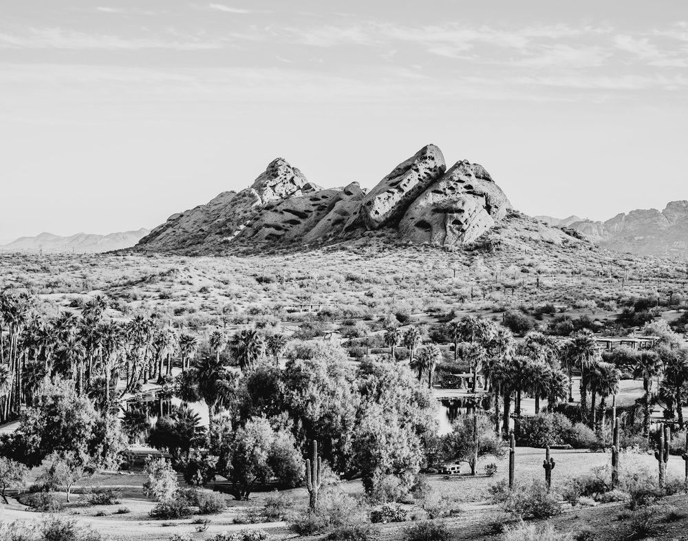 A photograph of Papago Park located in Phoenix, AZ. The park has been everything from a bass fishery to a Native Reservation to a PoW Camp.