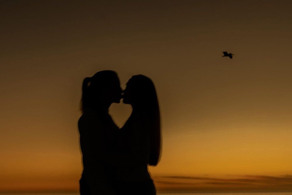 f/f couple silhouette with sky beach sunset as background and one bird flying past them - kissing