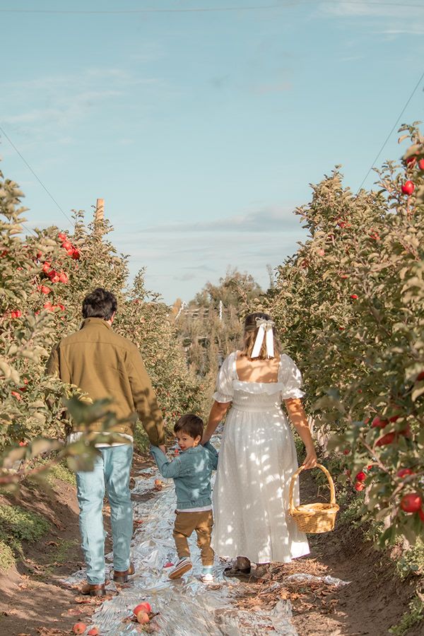 Family walking in apple orchard photoshoot in Eastern WA