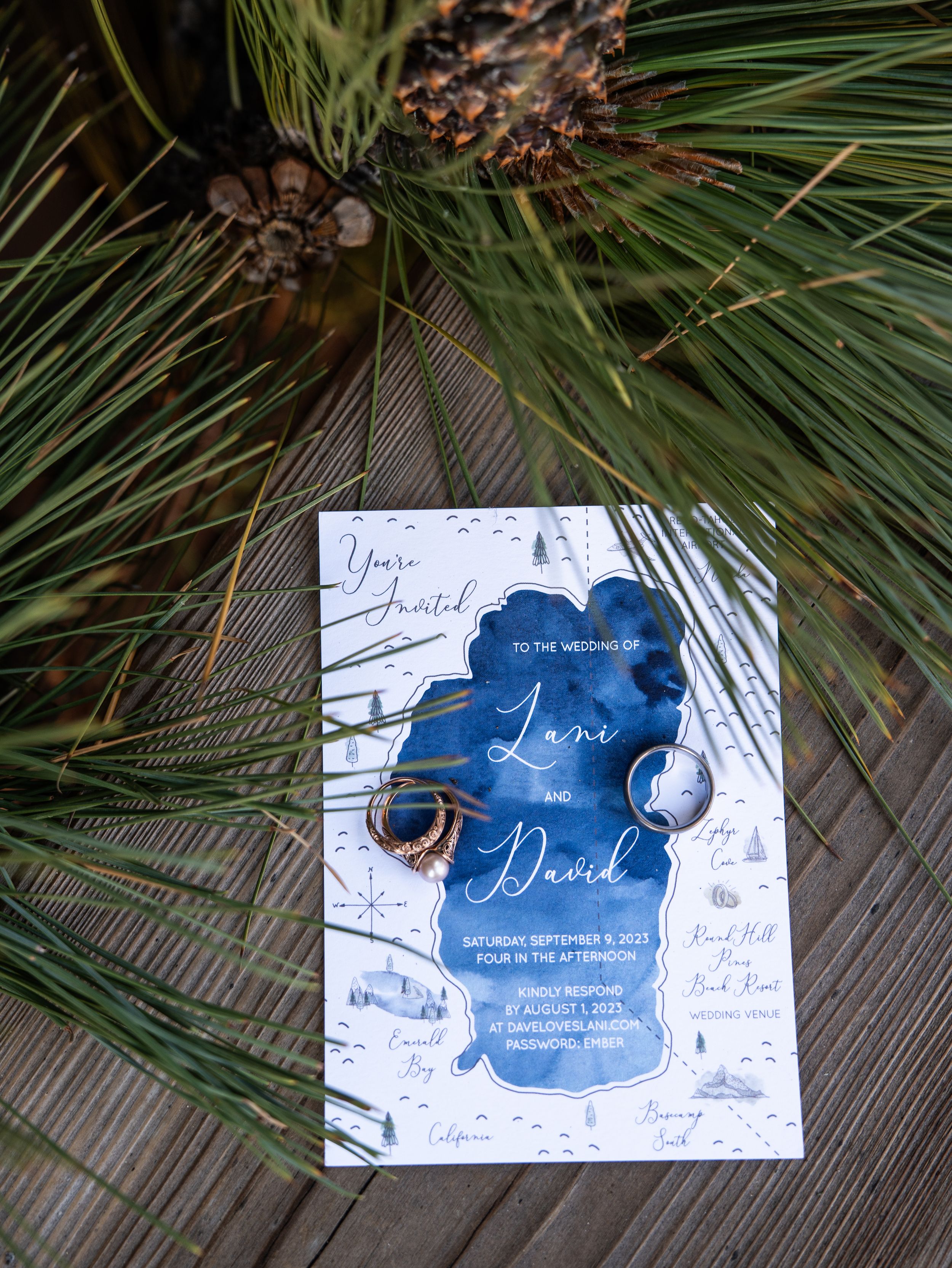 Elegant wedding invitation with watercolor blue design rests on pine branches with pinecones in background.