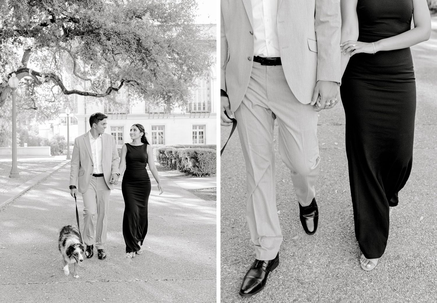 Black and white crop photos showing legs of people in formal wear walking together outdoors in a romantic style.
