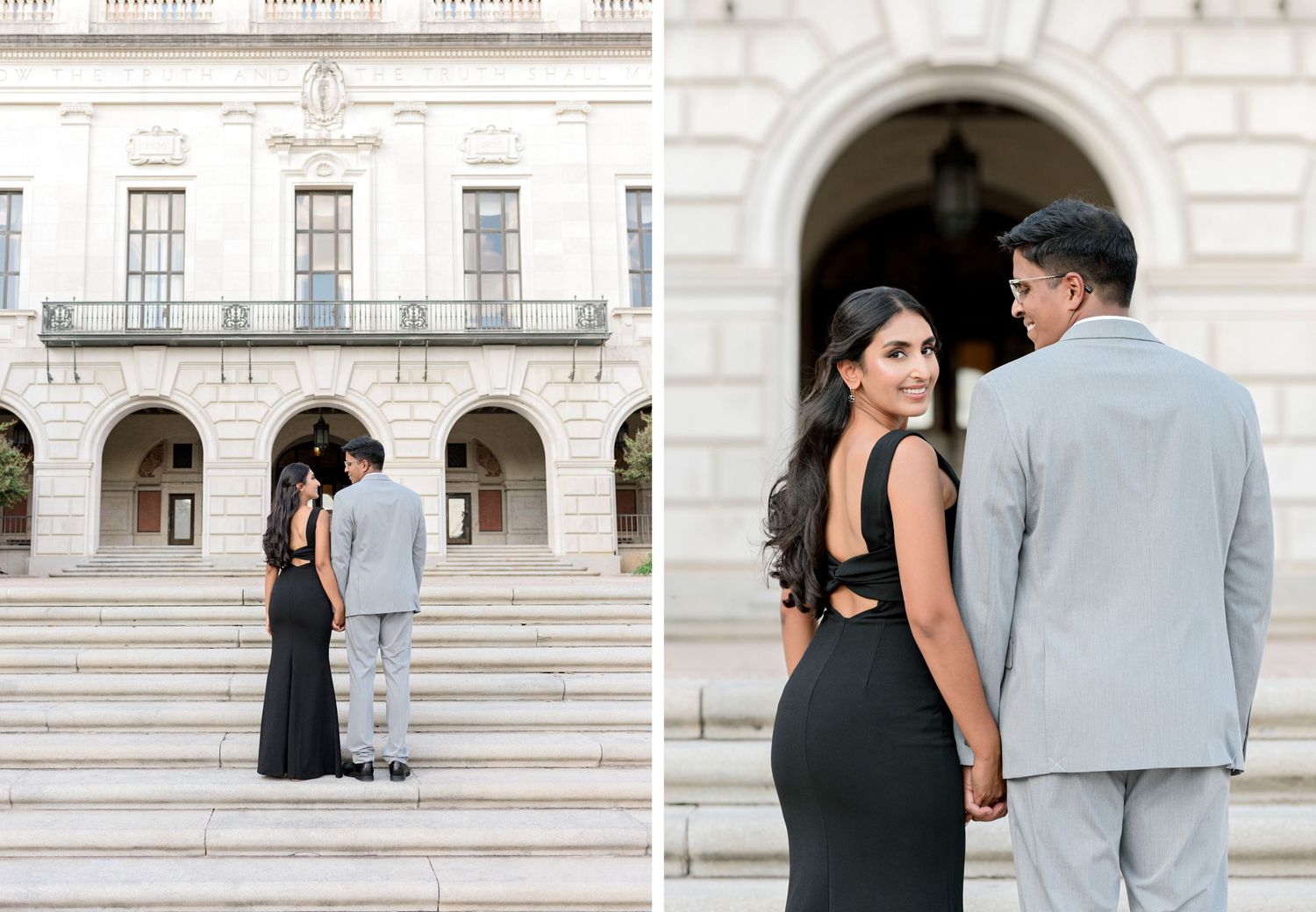 A sequence of romantic wedding photos showing a couple walking on white marble steps near ornate architecture.