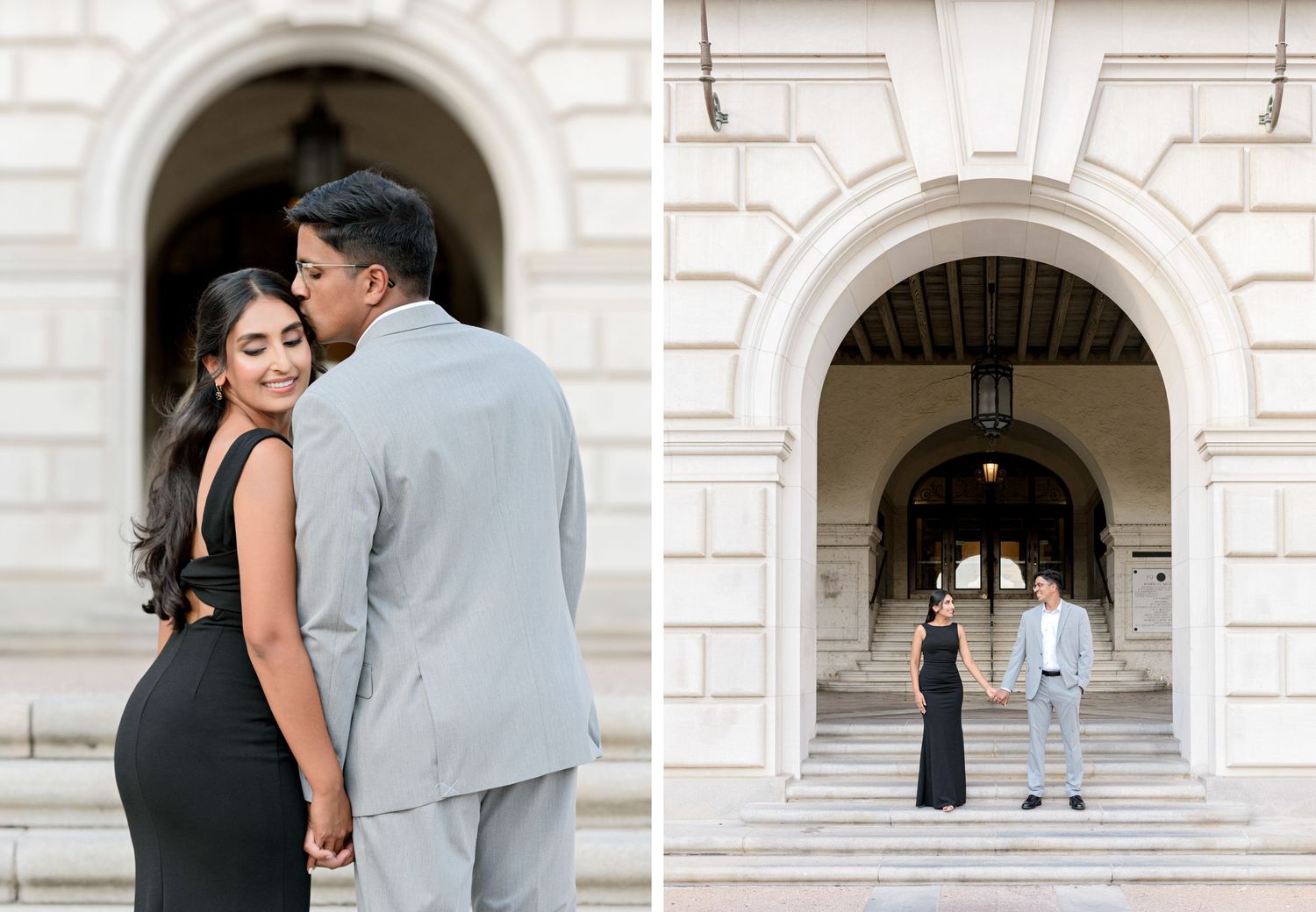 Elegant couple poses together against white stone archway in romantic maternity photo session.