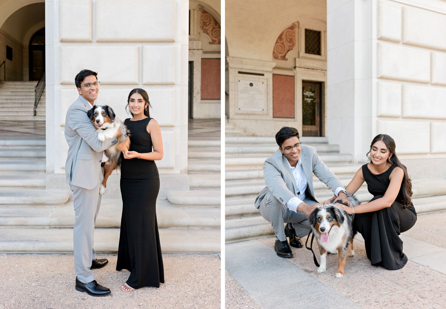 Series showing couple and their dog sharing candid moments on ornate building steps.