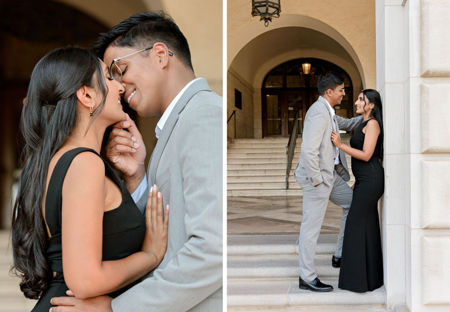 A couple embraces in formal attire against an architectural backdrop during a romantic photoshoot.