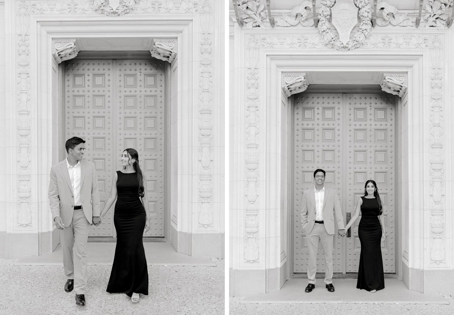 Elegant architectural series featuring couple posing near decorative stone doorway and columns.