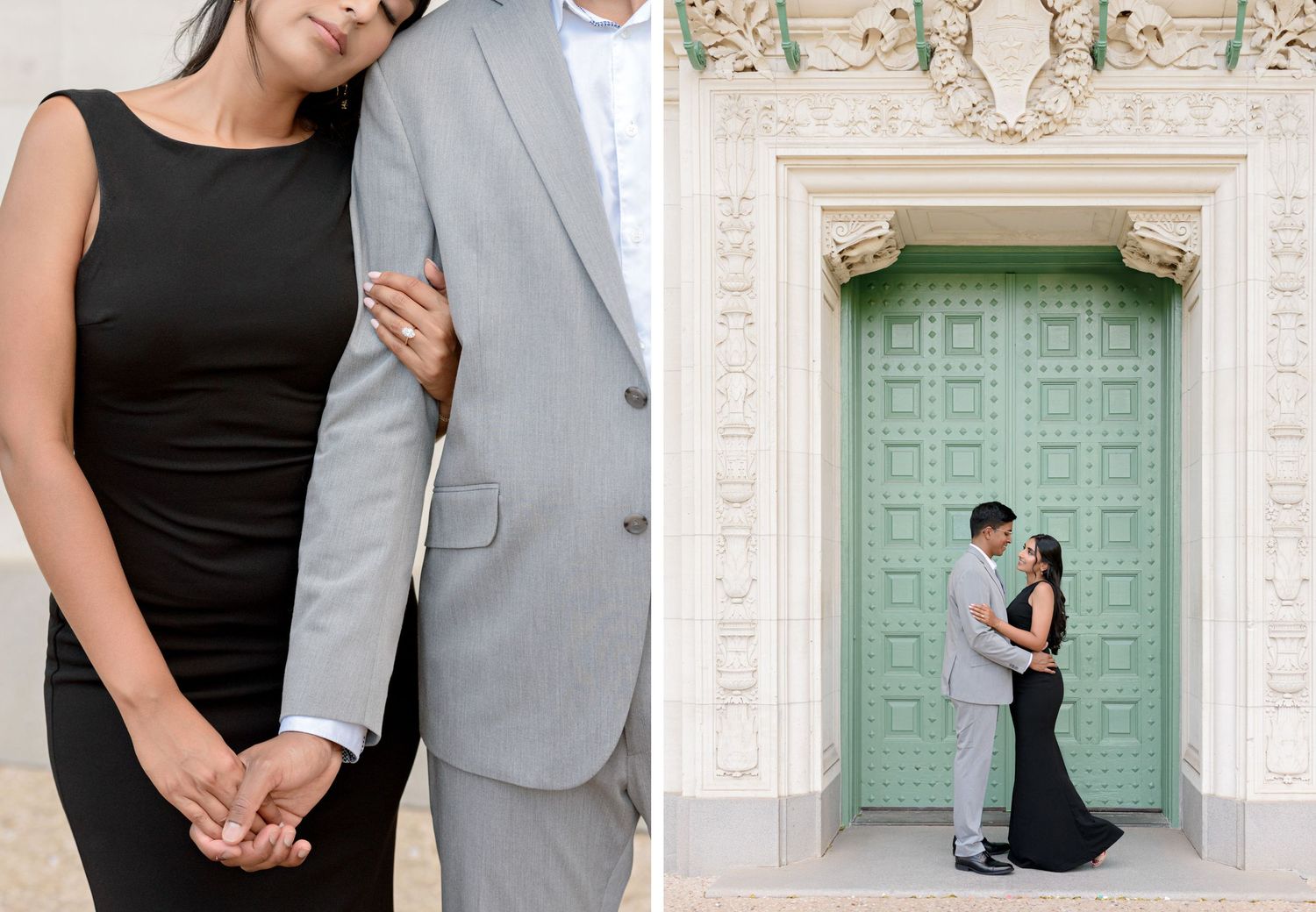 A collection of romantic engagement photos featuring a couple in formal attire posing at an elegant venue with a mint green door.