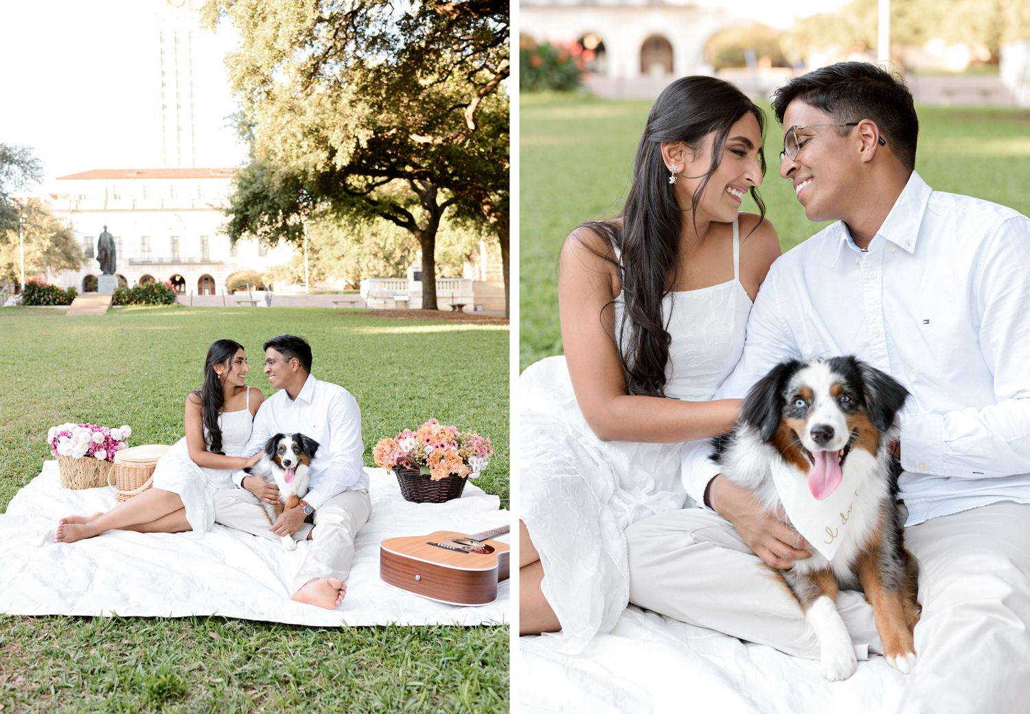 An outdoor engagement photo session showing a couple in white outfits relaxing on grass with their Australian Shepherd dog.