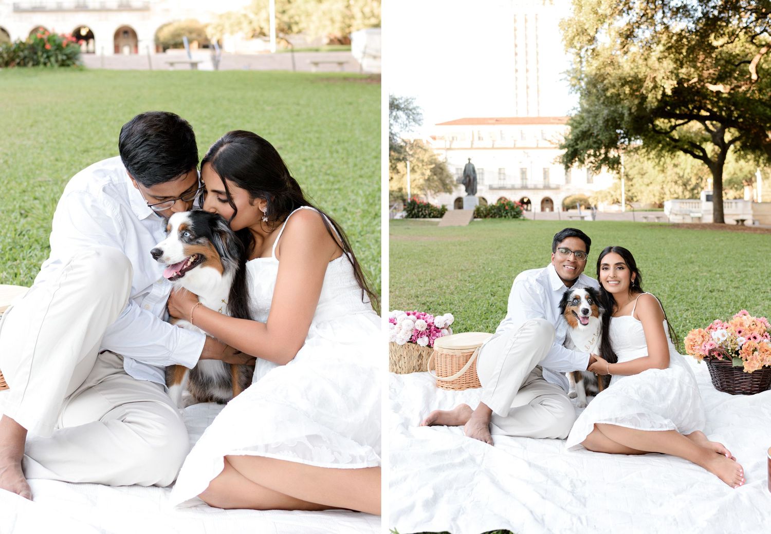 A couple in white wedding attire lying on grass during an outdoor photoshoot session.