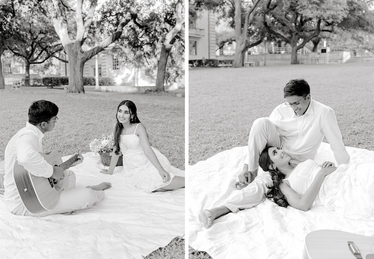 Romantic black and white split photo showing couple enjoying intimate picnic moments on a blanket outdoors.
