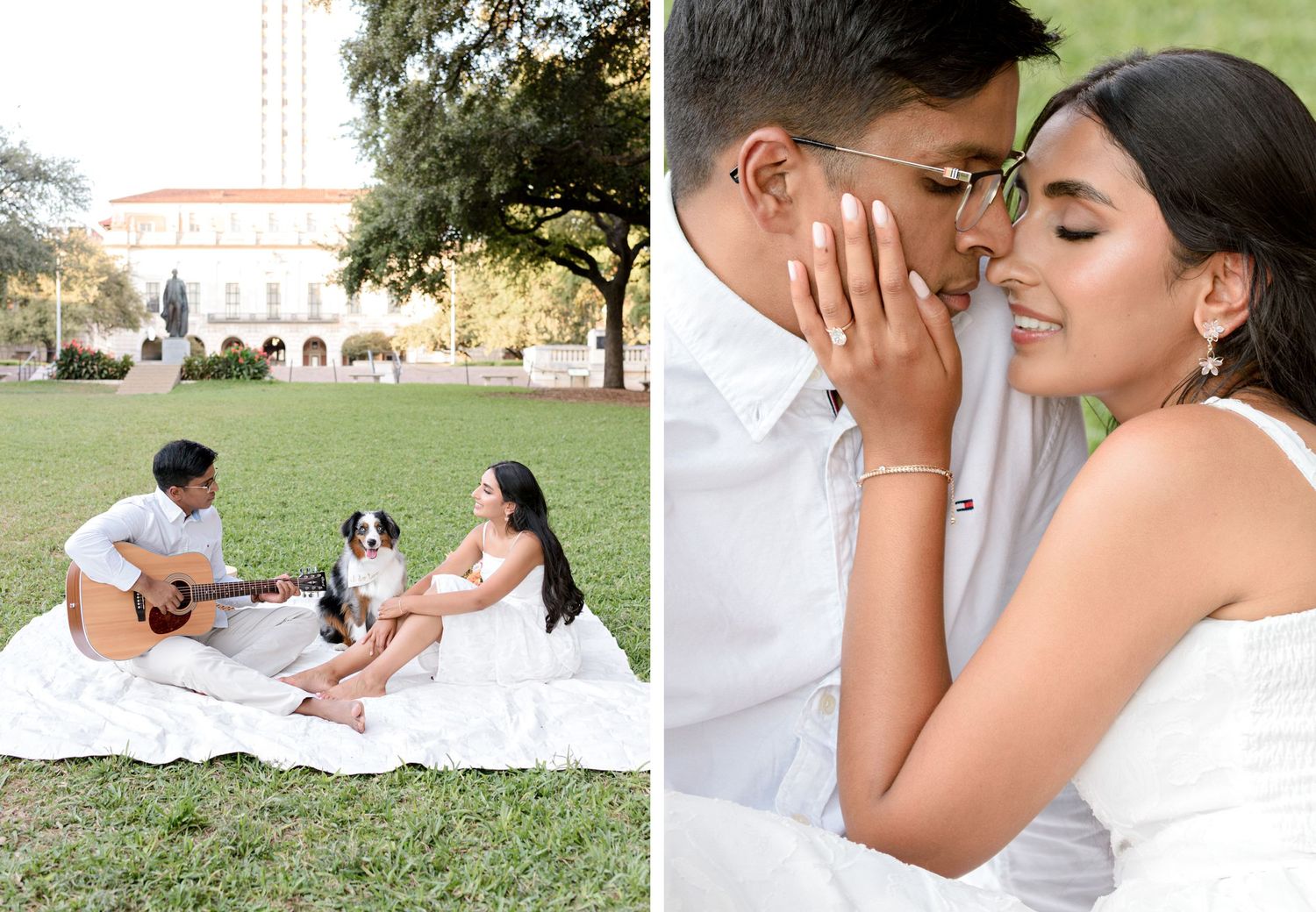A couple enjoys a romantic picnic with guitar on a white blanket by a historic building, split with an intimate portrait.
