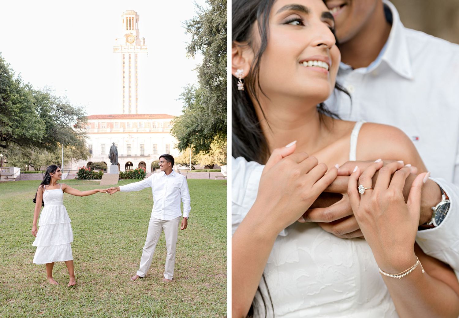 Romantic couple in white outfits pose for engagement photos on campus lawn with tower in background.
