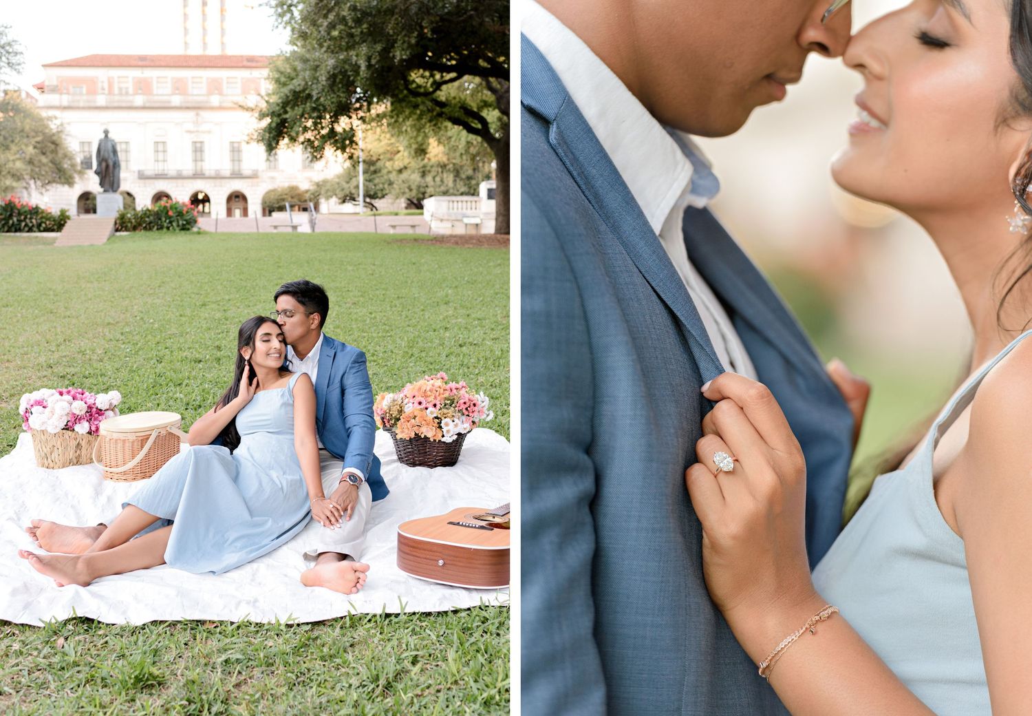 Series of romantic outdoor picnic photos showing loving moments between couple in white dress and gray suit.