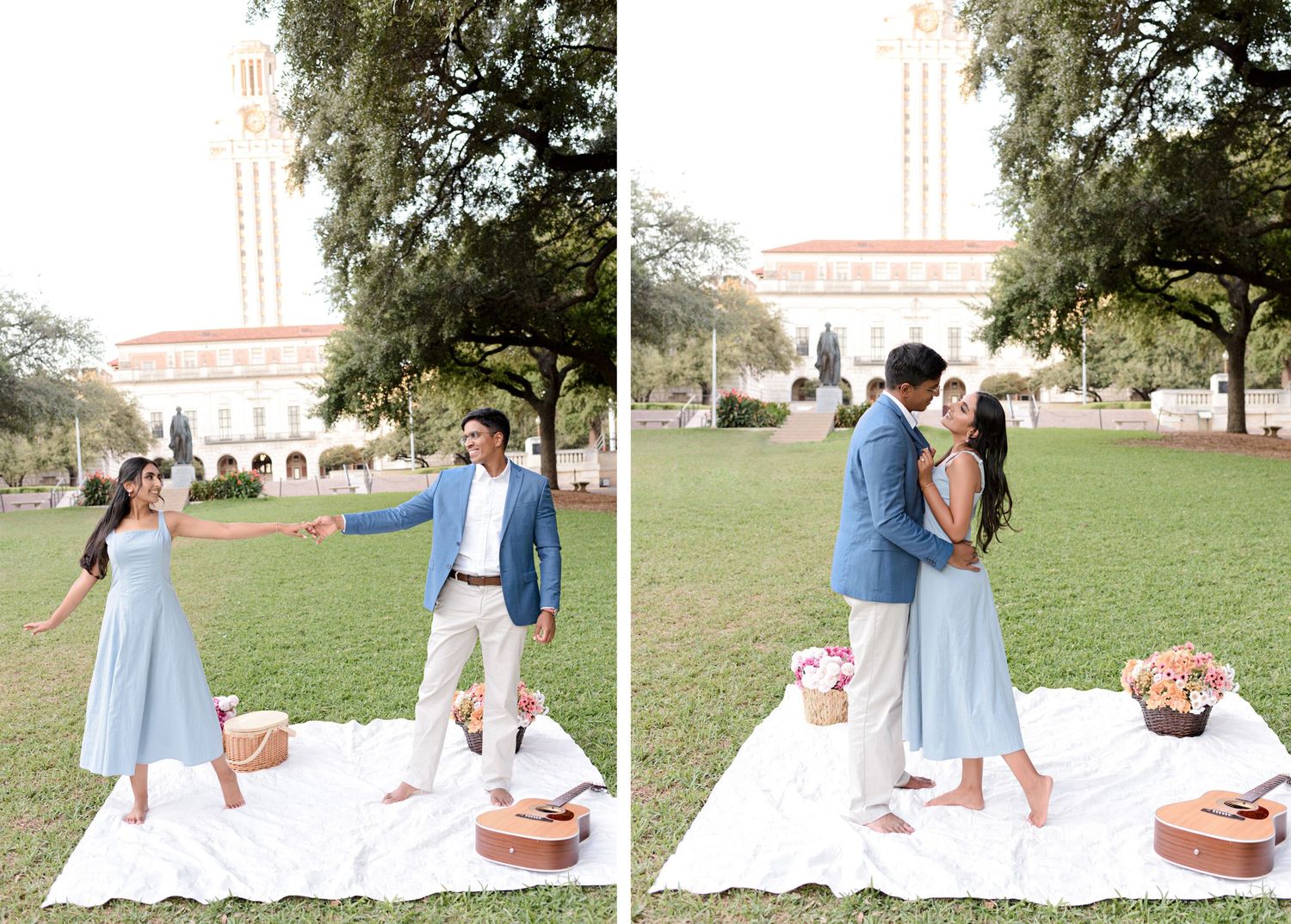A sequence of romantic picnic moments showing two people in blue and white outfits sitting on a blanket in a park setting.