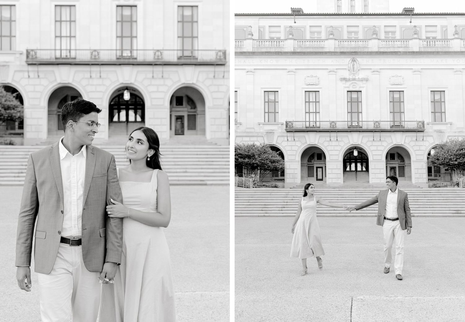 A series of black and white snapshots showing people walking and posing in front of an elegant historic building.