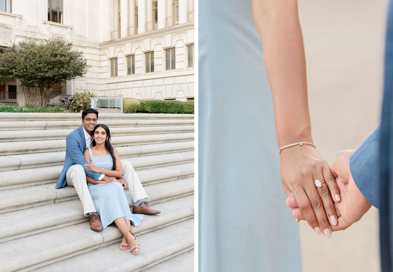 A couple sits on white marble stairs outside a building while showing off a new engagement ring.