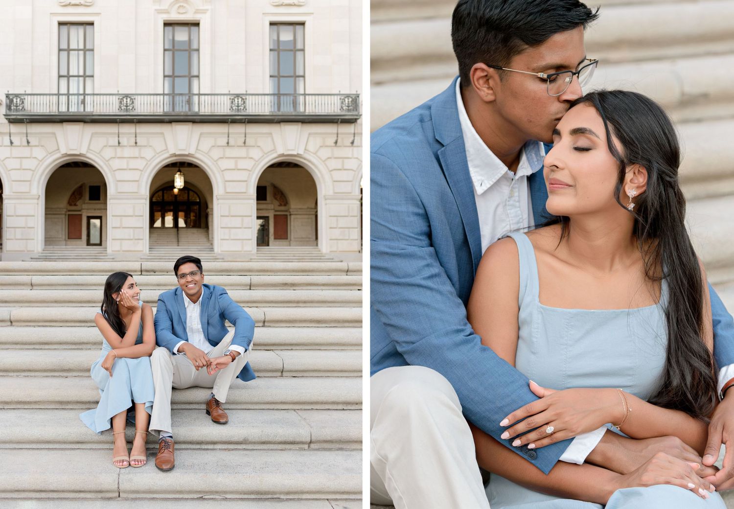 Romantic couple shares tender moments while sitting on stone steps of a grand building with arches and columns.