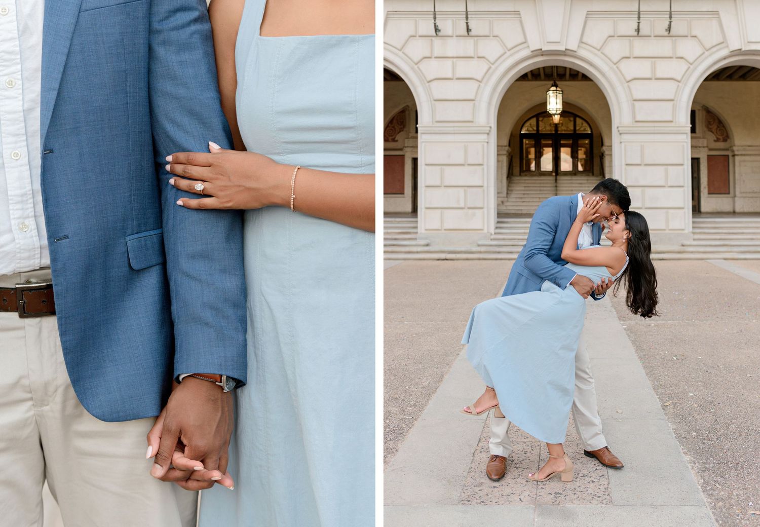 A romantic couple poses in formal attire at an elegant venue with architectural details and natural lighting.